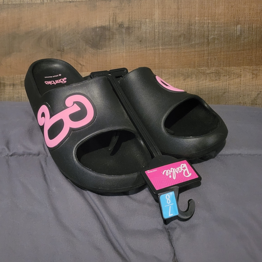 Barbie Black Slides with Pink Barbie Script Accents